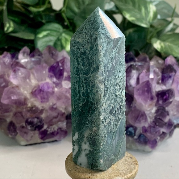 Moss Agate Crystal Tower Obelisk Energy Generator Chakra Healing Stone Wand 3.5" - Picture 5 of 14